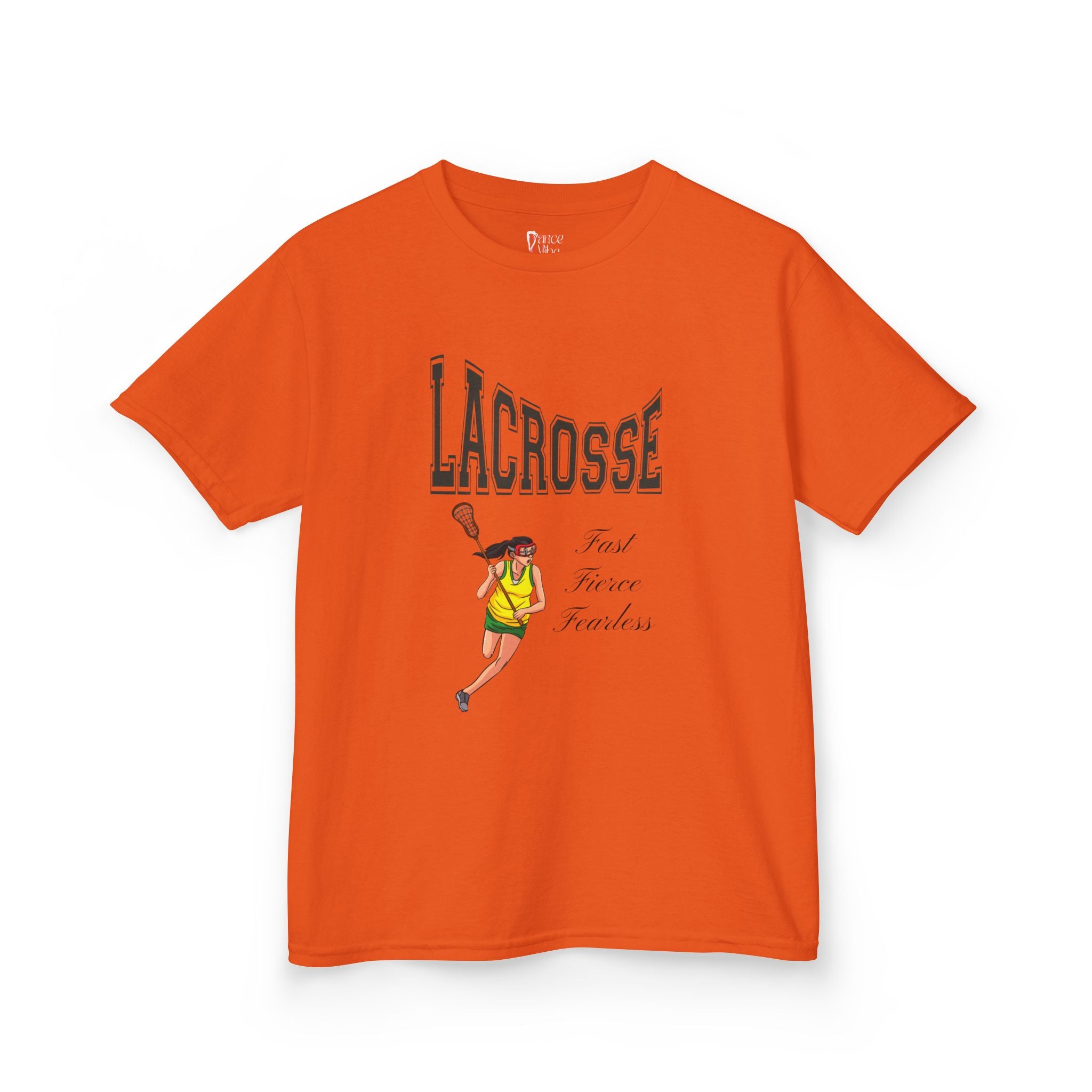 Front view of a youth Gildan 5000B heavy cotton t-shirt in orange with a Girls Lacrosse theme