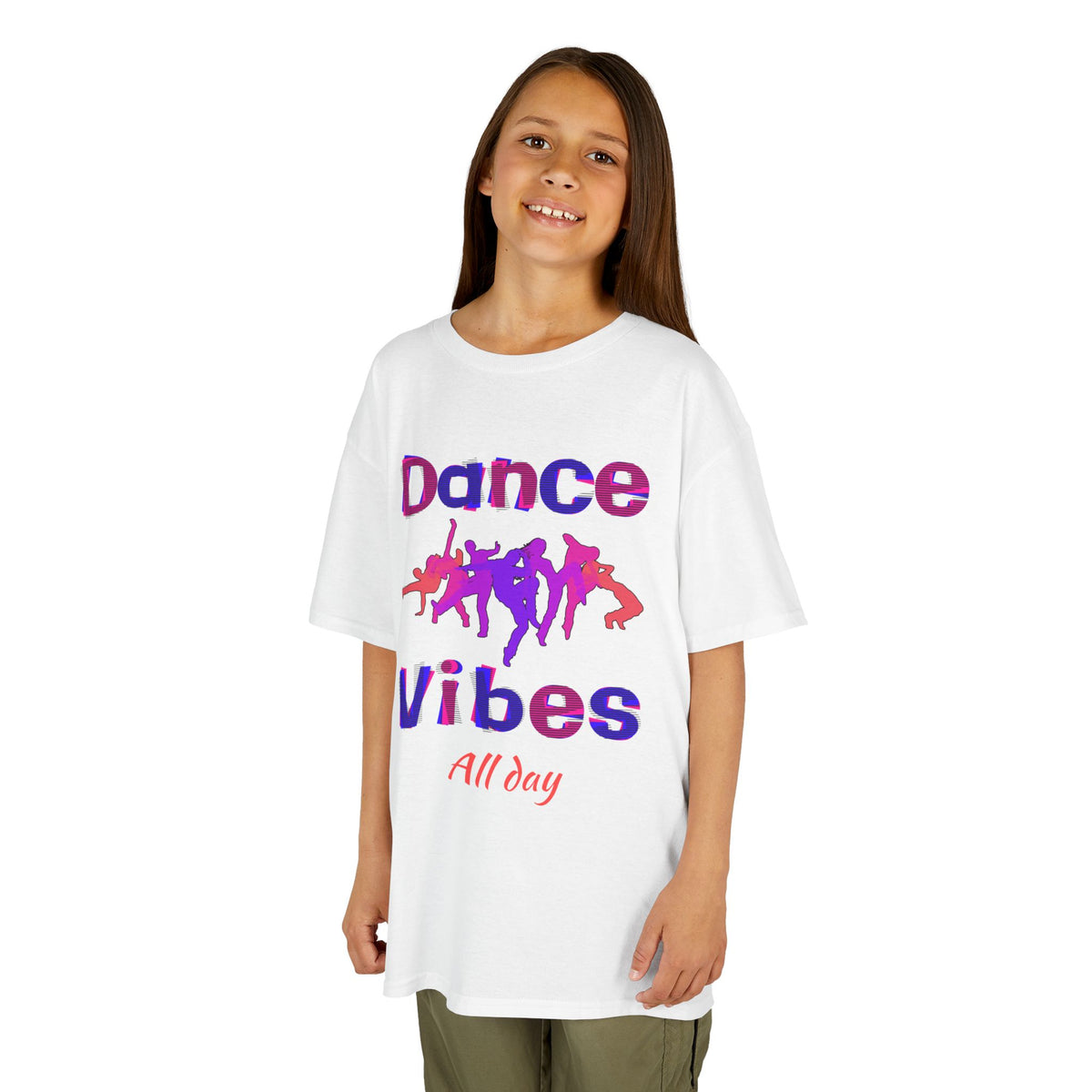 Young girl wearing a youth Gildan 5000B heavy cotton t-shirt in white with a Dance Vibes All Day text and graphic