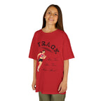 Young girl wearing a youth Gildan 5000B heavy cotton t-shirt in red showing a girl running Track