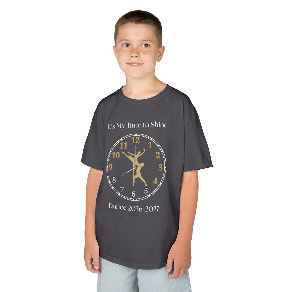 Young boy wearing a youth Gildan 5000B heavy cotton t-shirt in charcoal with a Ballet Couple 2026-2027 design