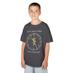 Young boy wearing a youth Gildan 5000B heavy cotton t-shirt in charcoal with a Ballet Couple 2026-2027 design