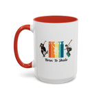 15oz white ceramic Born to Skate Skateboarding mug with red handle and interior Left handed view