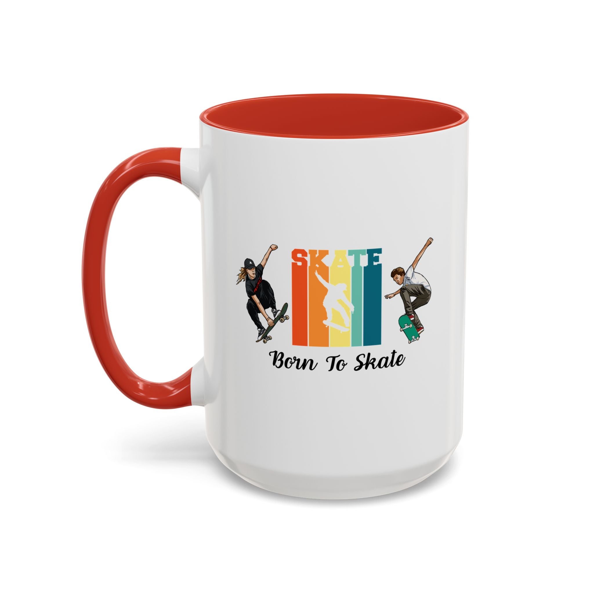 15oz white ceramic Born to Skate Skateboarding mug with red handle and interior Left handed view