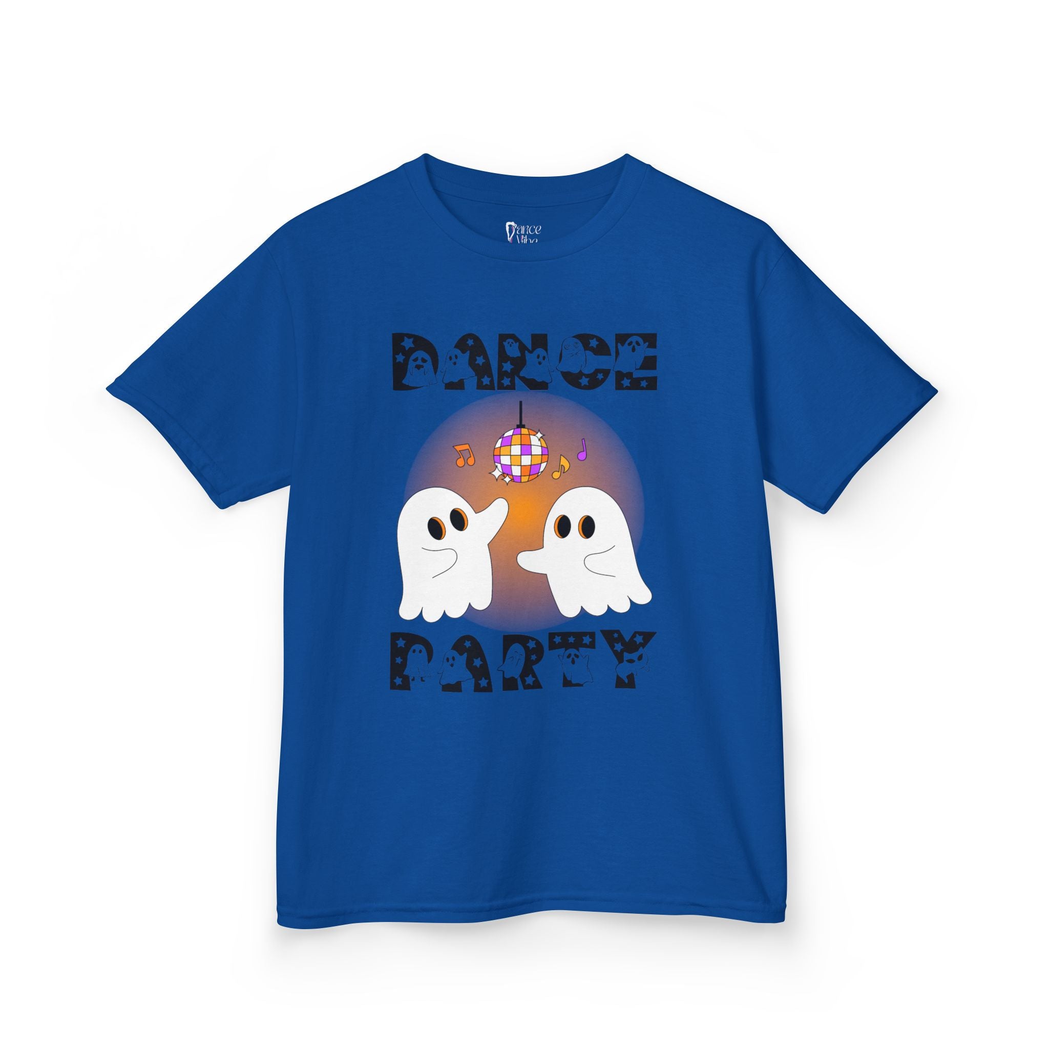 Front view of a youth Gildan 5000B heavy cotton t-shirt in royal with a Halloween Dance Party theme