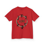 Front view of a youth Gildan 5000B heavy cotton t-shirt in red with an Acro Gymnastics theme
