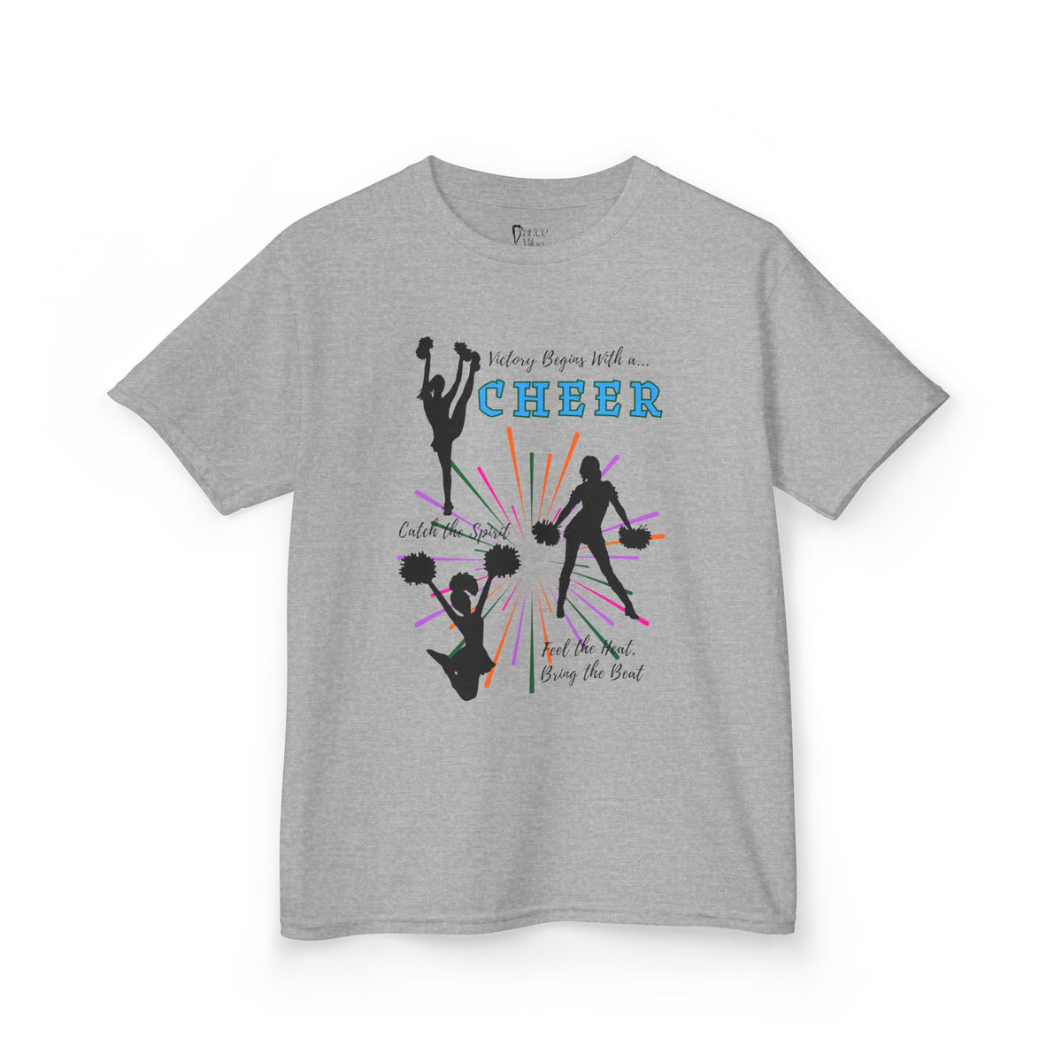 Front view of a youth Gildan 5000B heavy cotton t-shirt in sport grey with a Cheer Team design