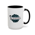 15oz white ceramic Cheer mug with black handle and interior Right handed view