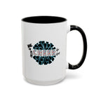 15oz white ceramic Cheer mug with black handle and interior Right handed view