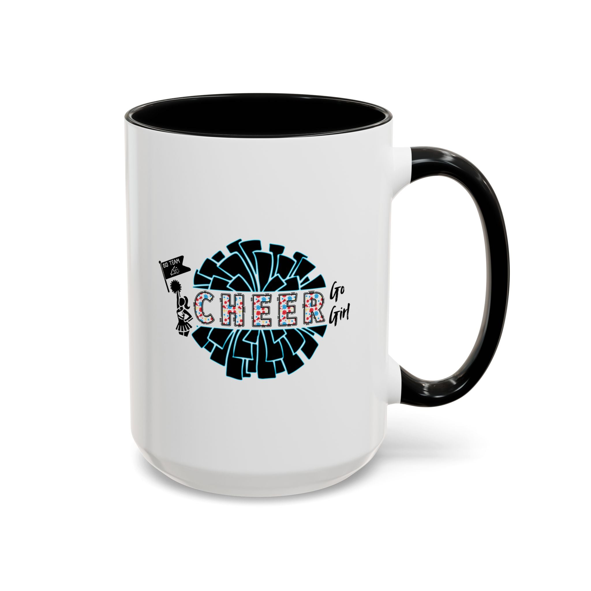 15oz white ceramic Cheer mug with black handle and interior Right handed view