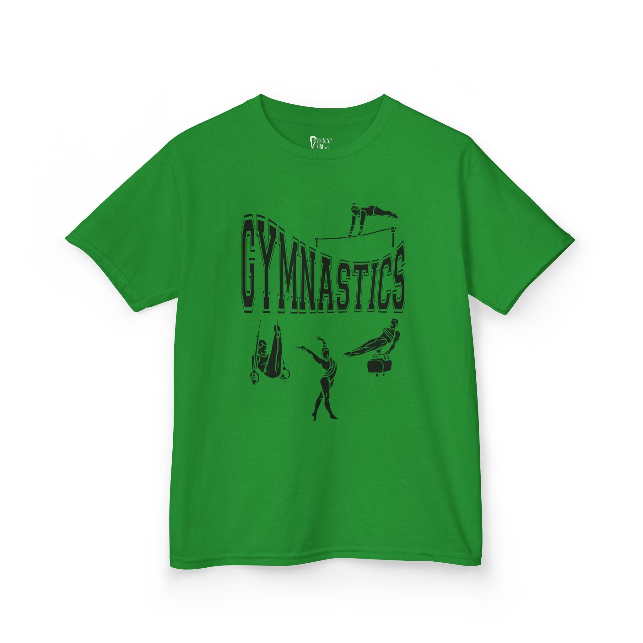 Front view of a youth Gildan 5000B heavy cotton t-shirt in irish green with a gymnastics text and graphic