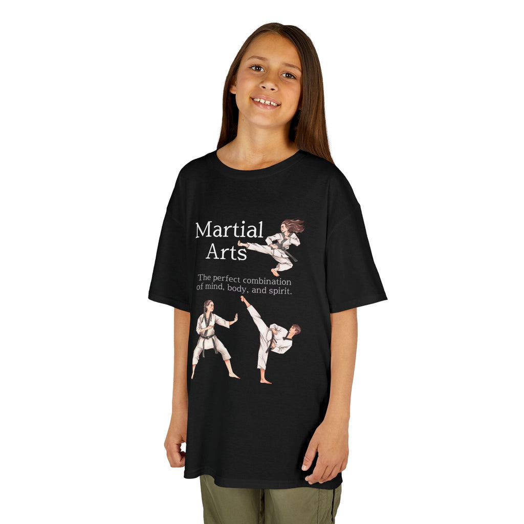 Young girl wearing a youth Gildan 5000B heavy cotton t-shirt in black with a Martial Arts text and graphic