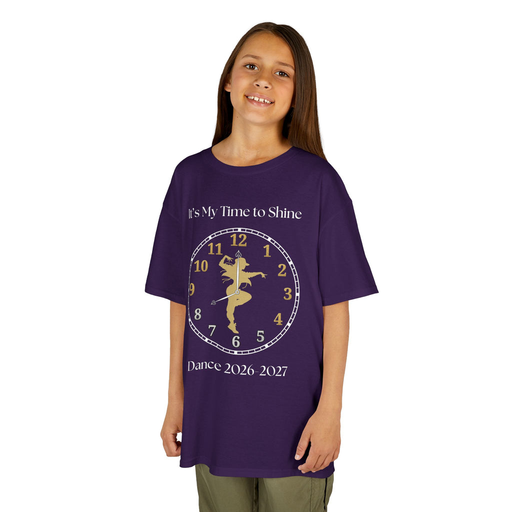 Young girl wearing a youth Gildan 5000B heavy cotton t-shirt in purple with an It's My Time to Shine Jazz Dance 2026-2027 theme