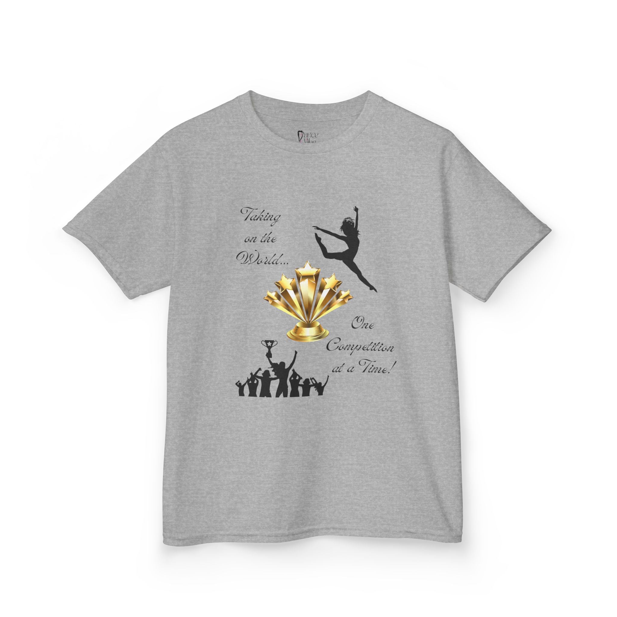 Front view of a youth Gildan 5000B heavy cotton t-shirt in sport grey with a Dance Competition theme