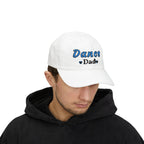 A man wearing a white baseball cap with Dance Dad embroidered on the front.