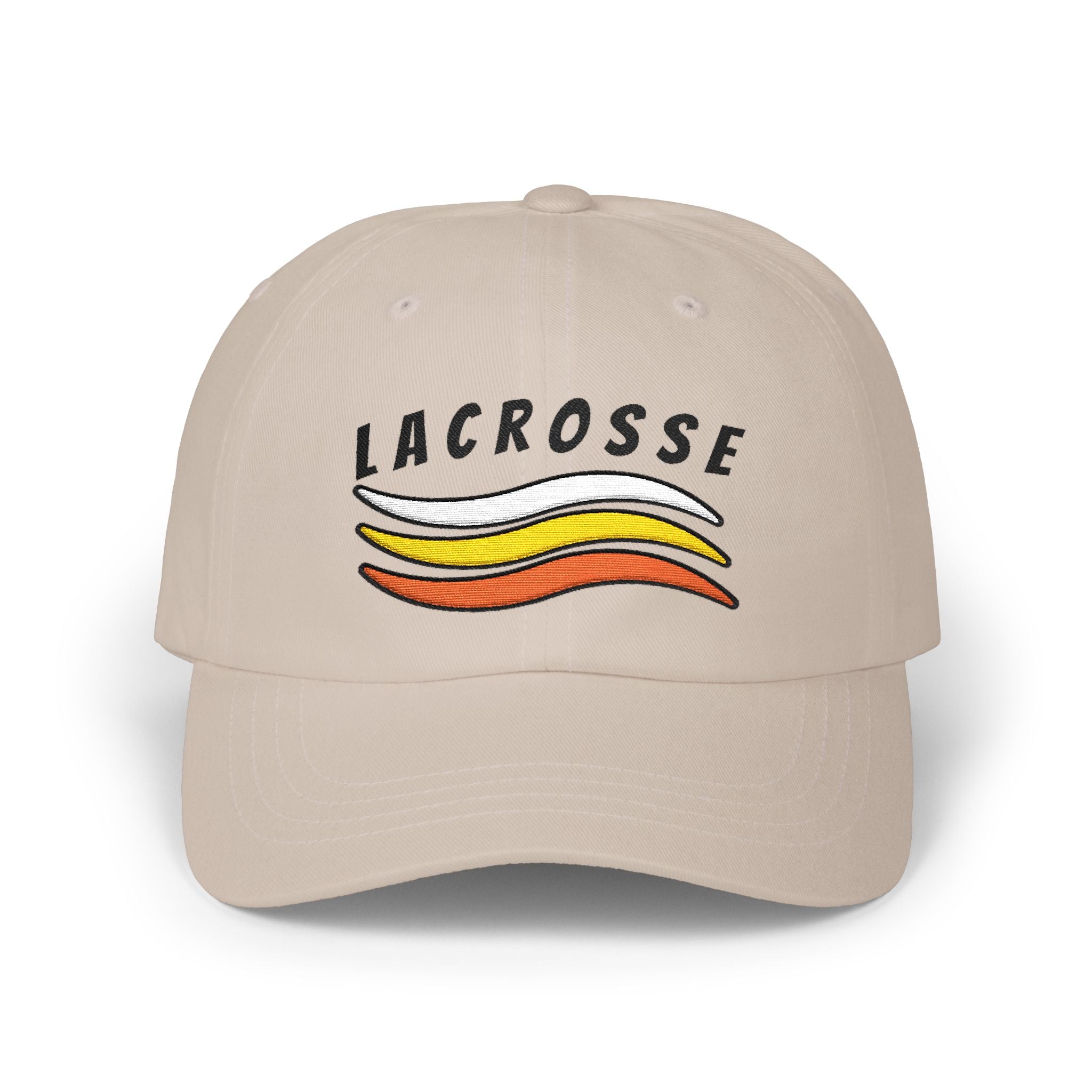 Stone embroidered classic dad cap hat with a Lacrosse text and graphic Front view