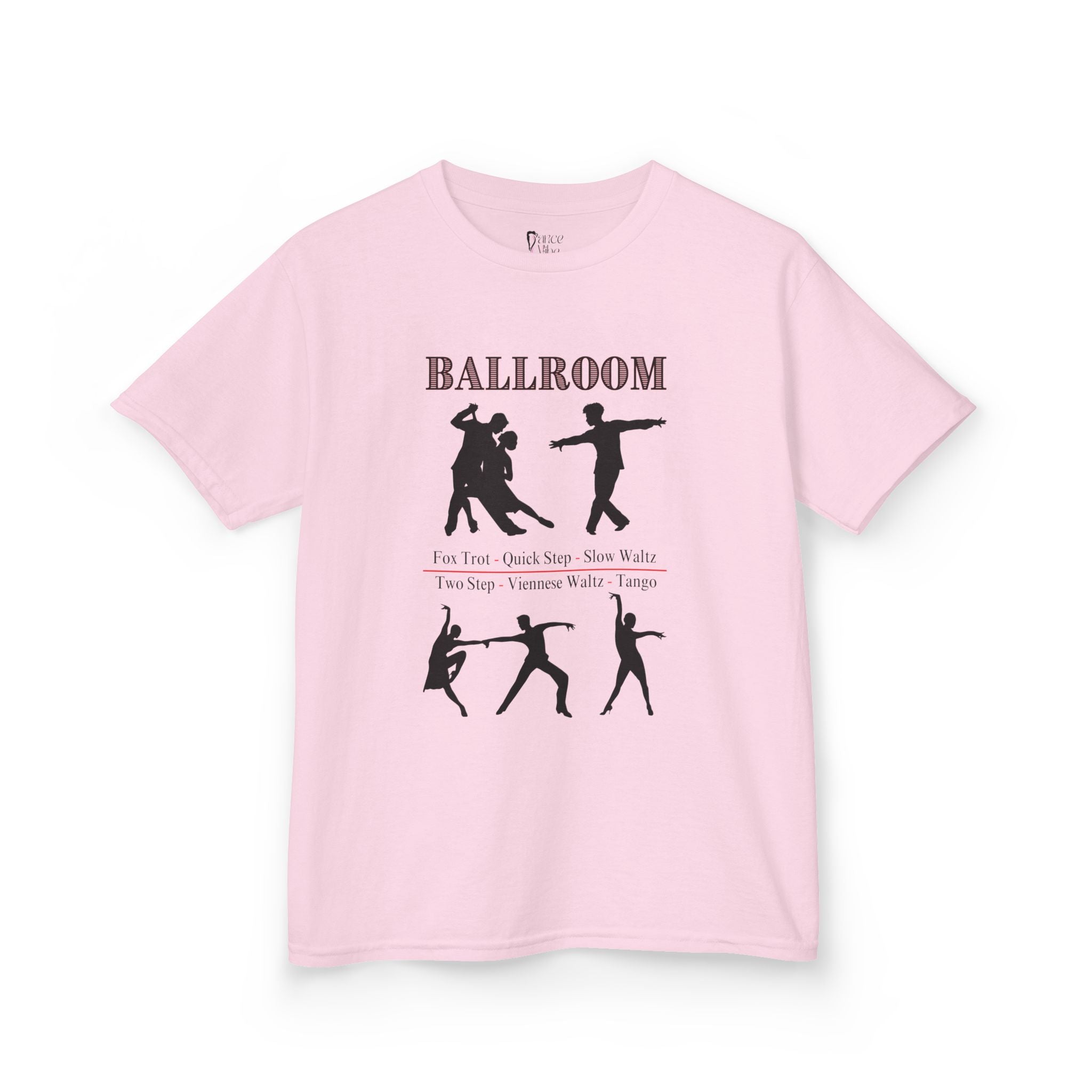 Front view of a youth Gildan 5000B heavy cotton t-shirt in light pink with a Ballroom Dance Style theme