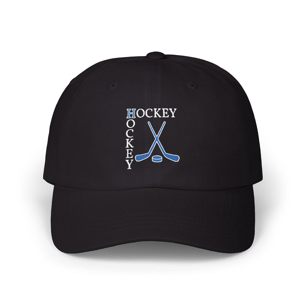 Black cap with an embroidered Hockey text and logo.