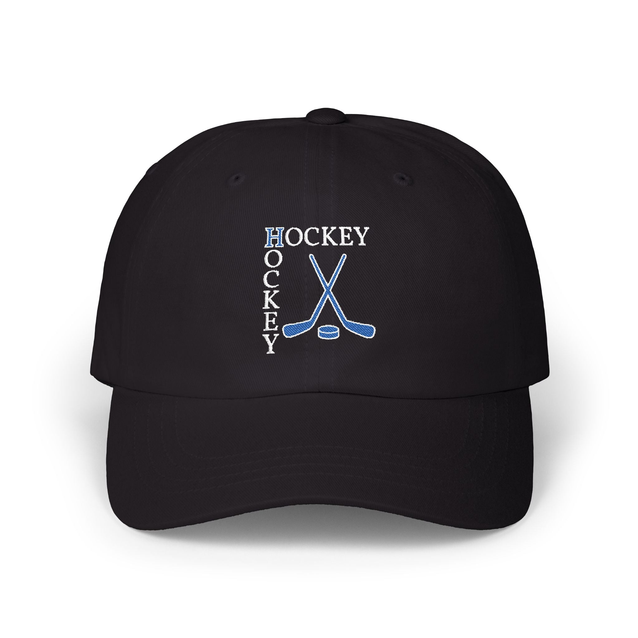 Black cap with an embroidered Hockey text and logo.