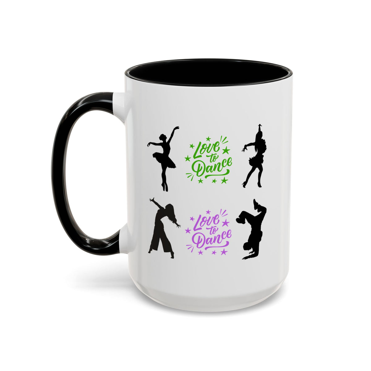 15oz white ceramic Love to Dance mug with black handle and interior Left handed view