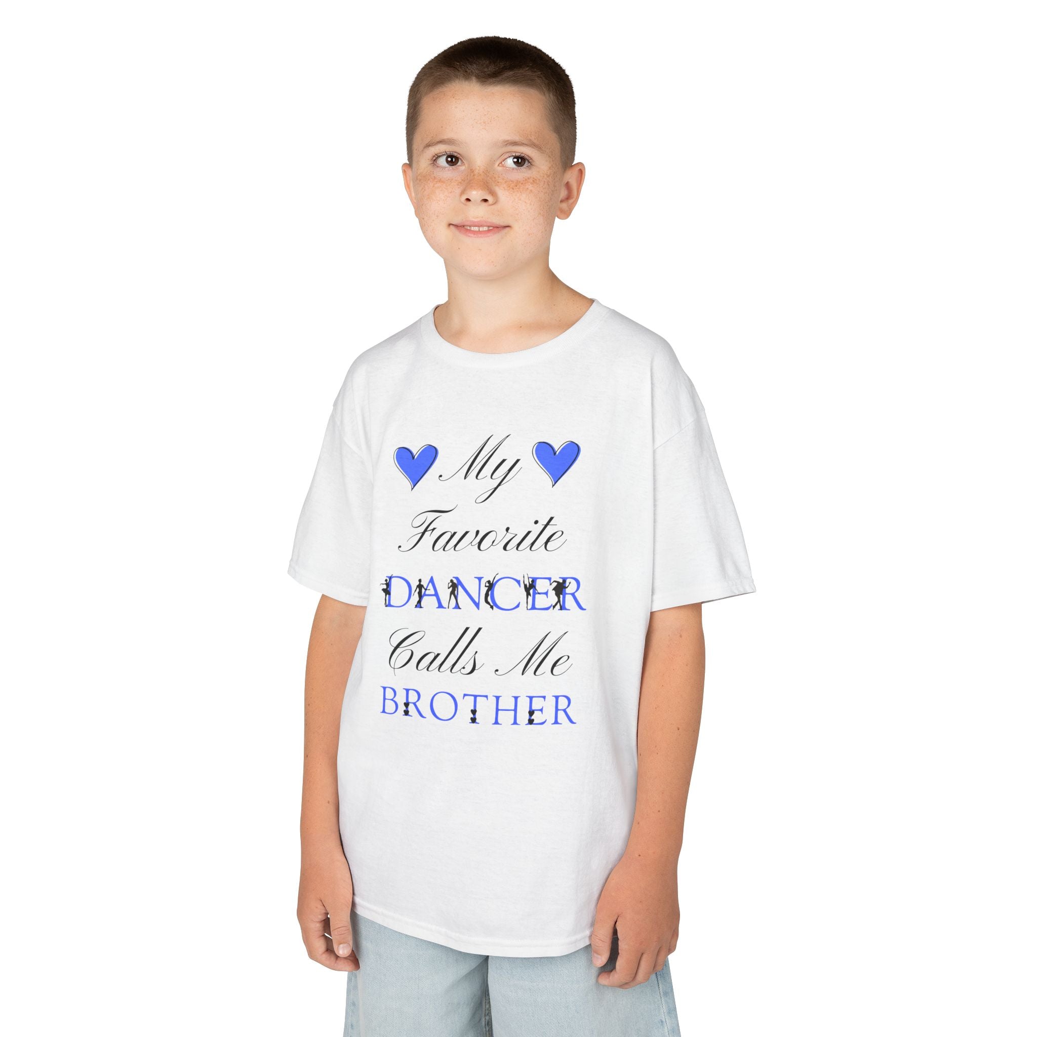 A young boy wearing a white t-shirt with a graphic that reads My Favorite Dancer Calls Me Brother.