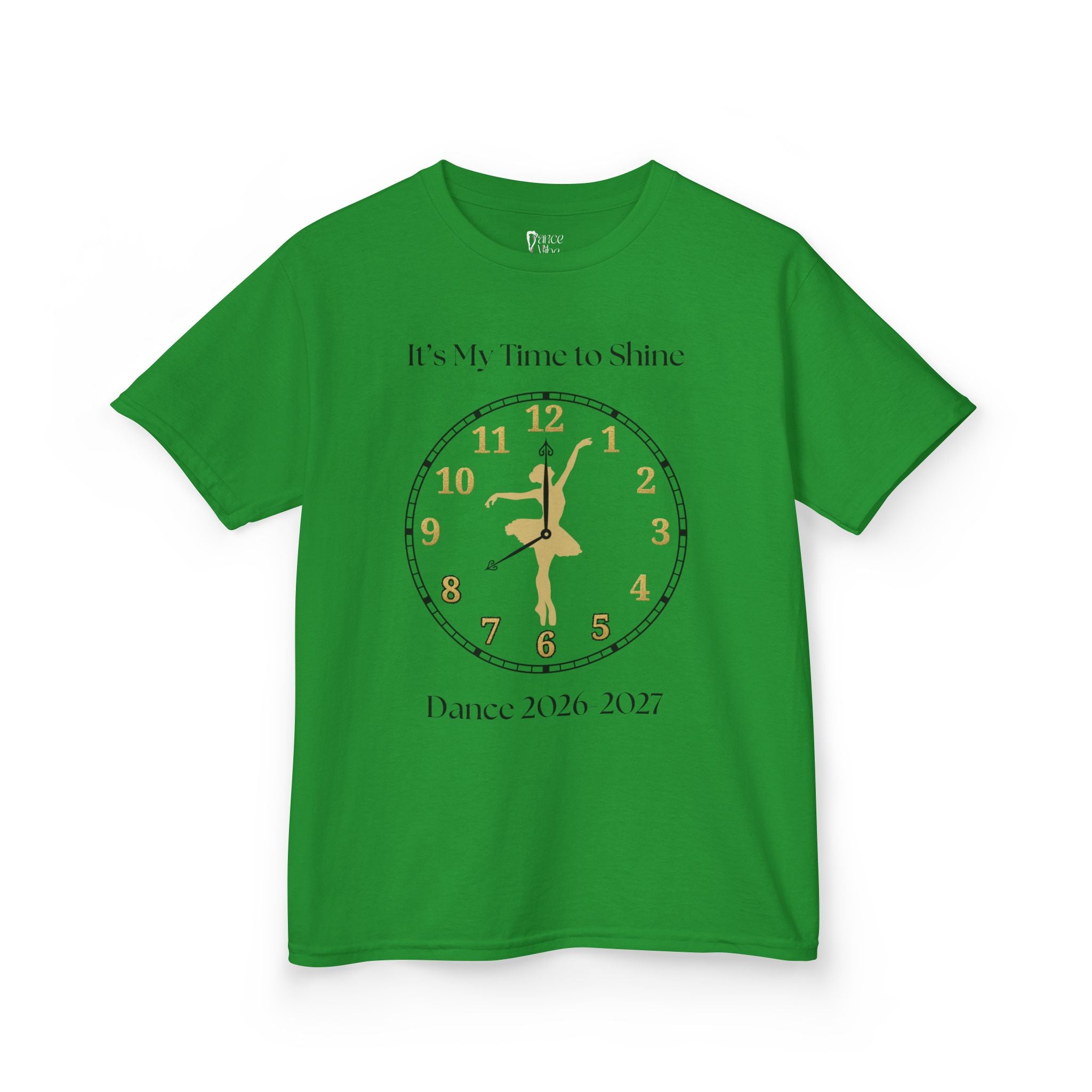Front view of a youth Gildan 5000B heavy cotton t-shirt in irish green with a Ballet Dance 2026-2027 design