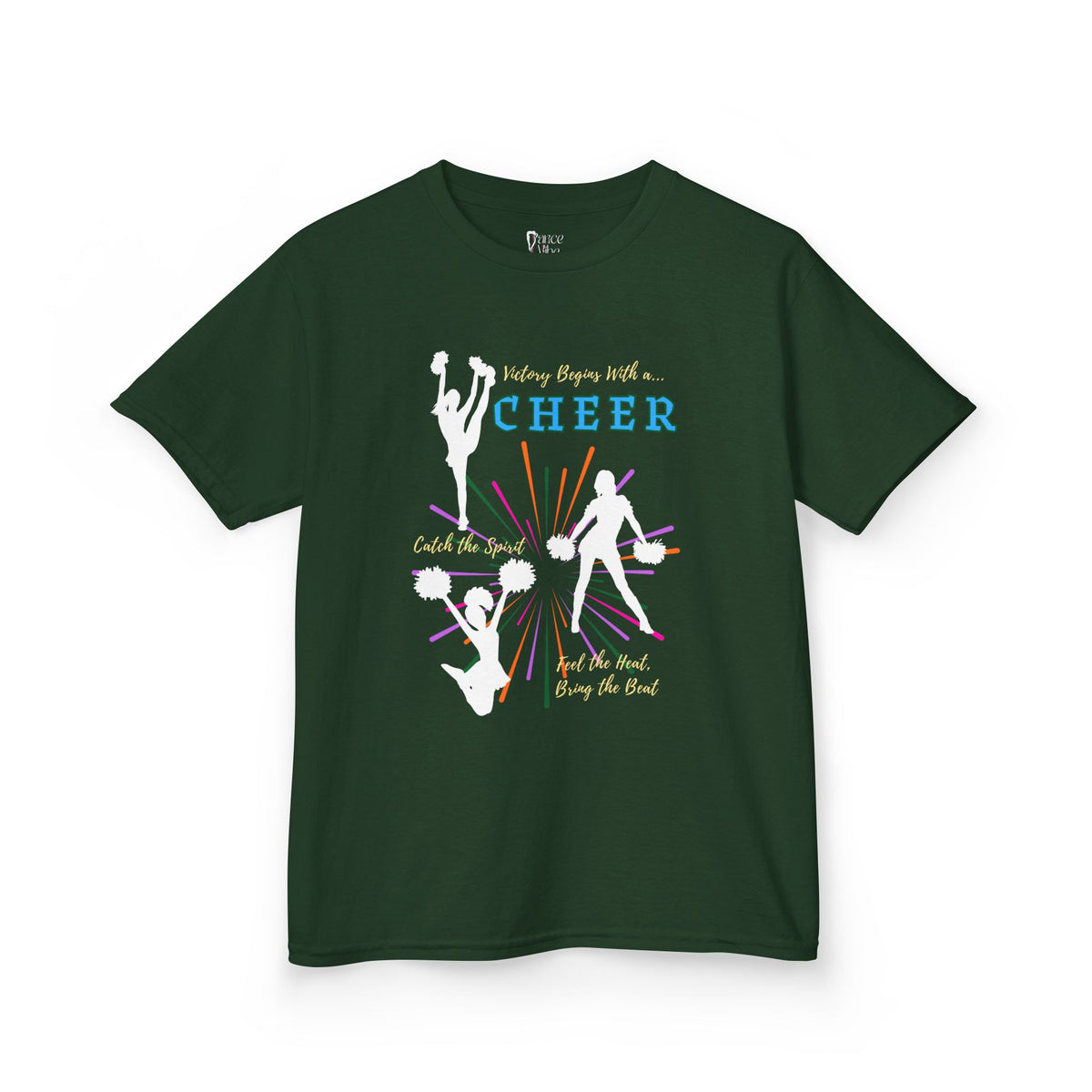Front view of a youth Gildan 5000B heavy cotton t-shirt in forest with a Cheer Team design