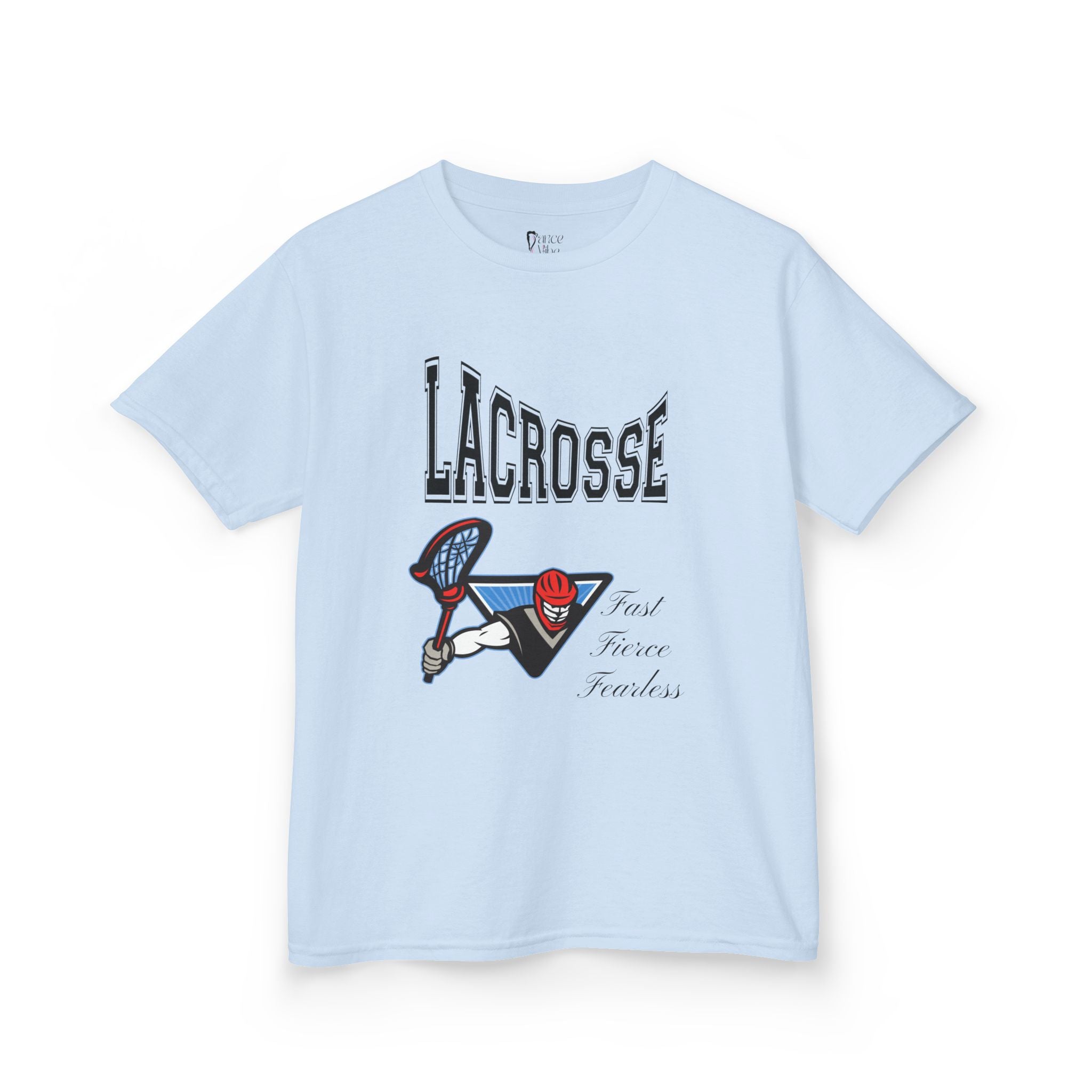 Front view of a youth Gildan 5000B heavy cotton t-shirt in light blue with a Boys Lacrosse design