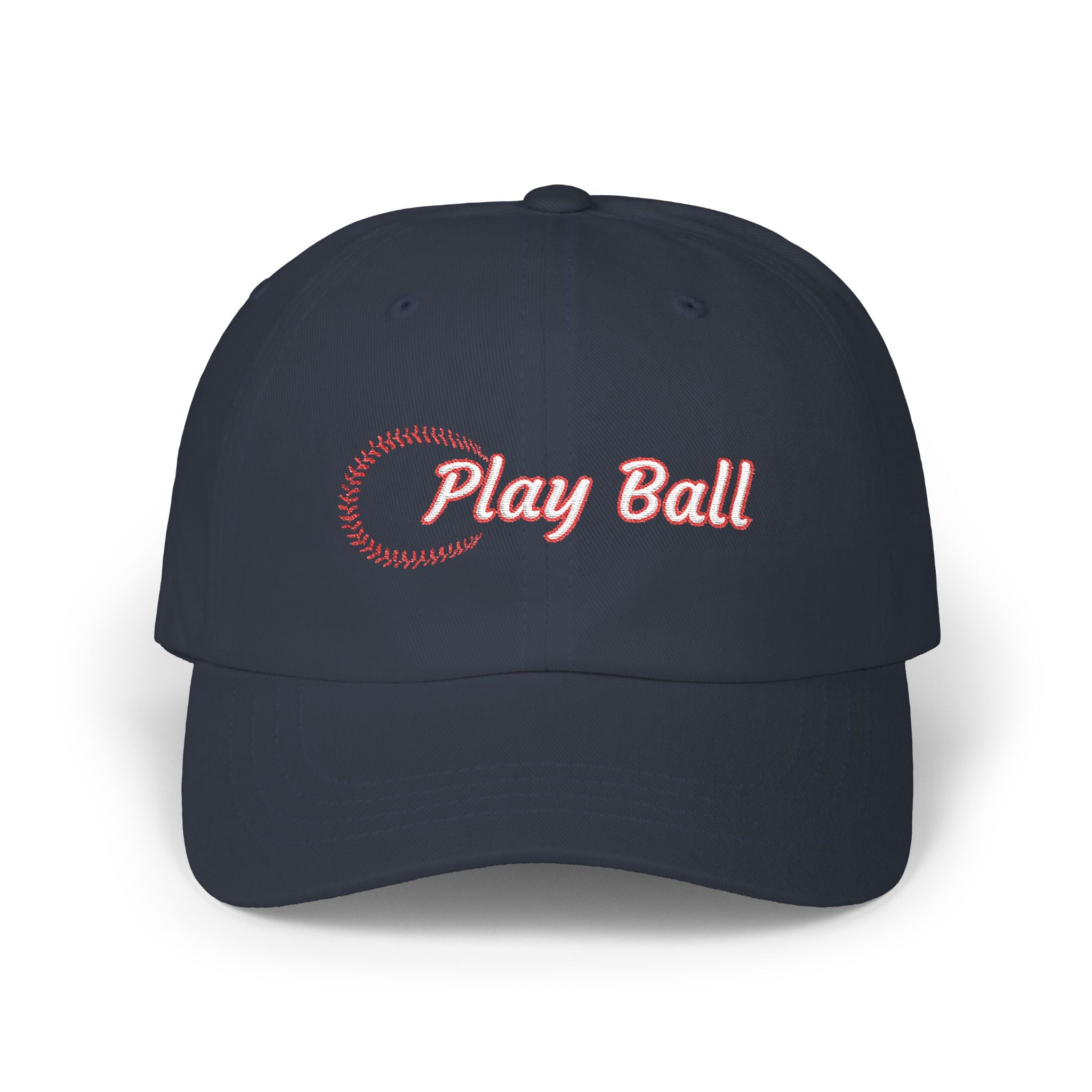 A navy baseball cap featuring the words Play Ball embroidered in red on the front, with a baseball-stitch pattern.