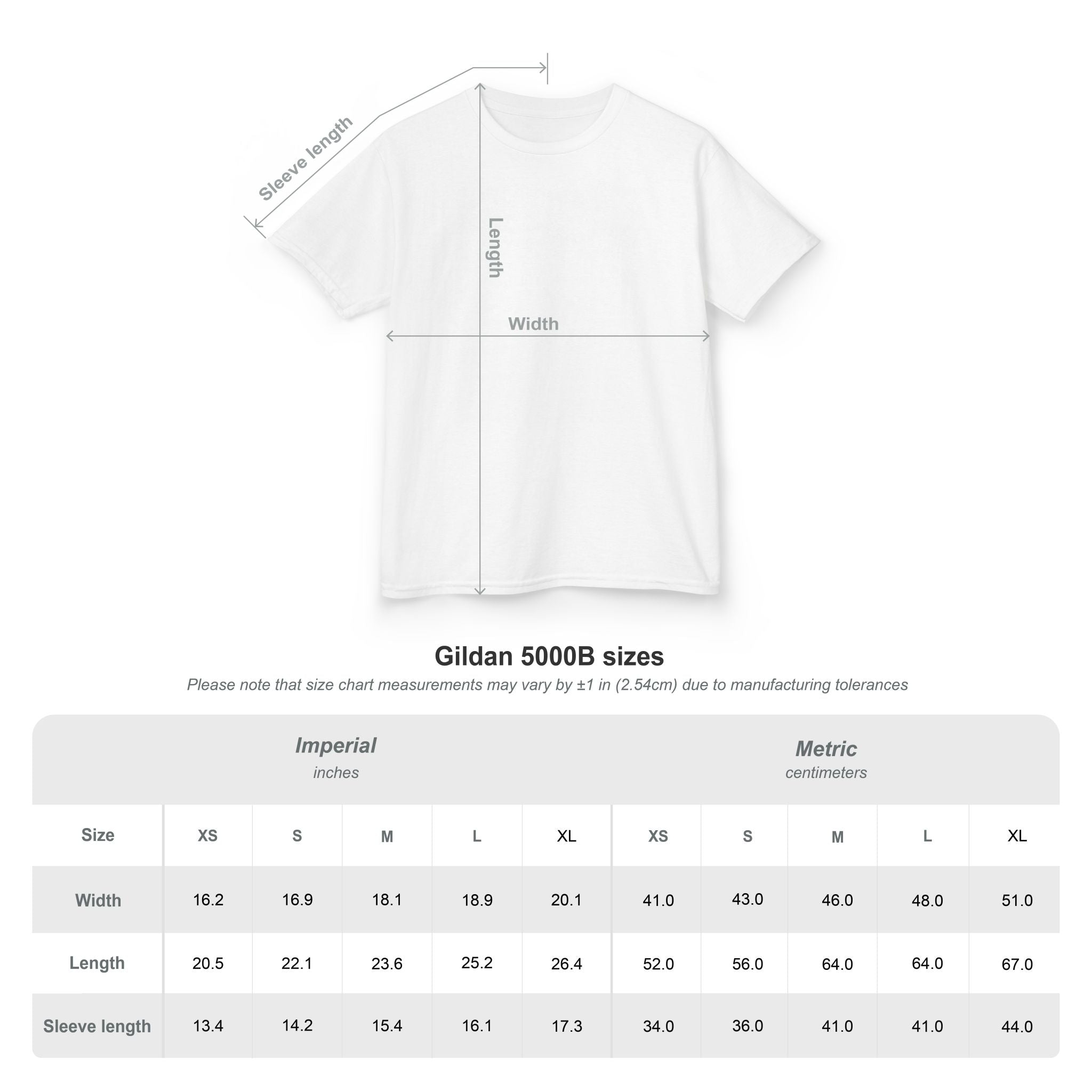 Gildan 5000B size chart