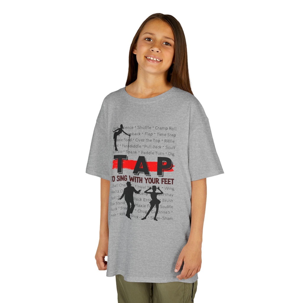 Young girl wearing a youth Gildan 5000B heavy cotton t-shirt in sport grey with a Tap text and design