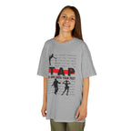 Young girl wearing a youth Gildan 5000B heavy cotton t-shirt in sport grey with a Tap text and design