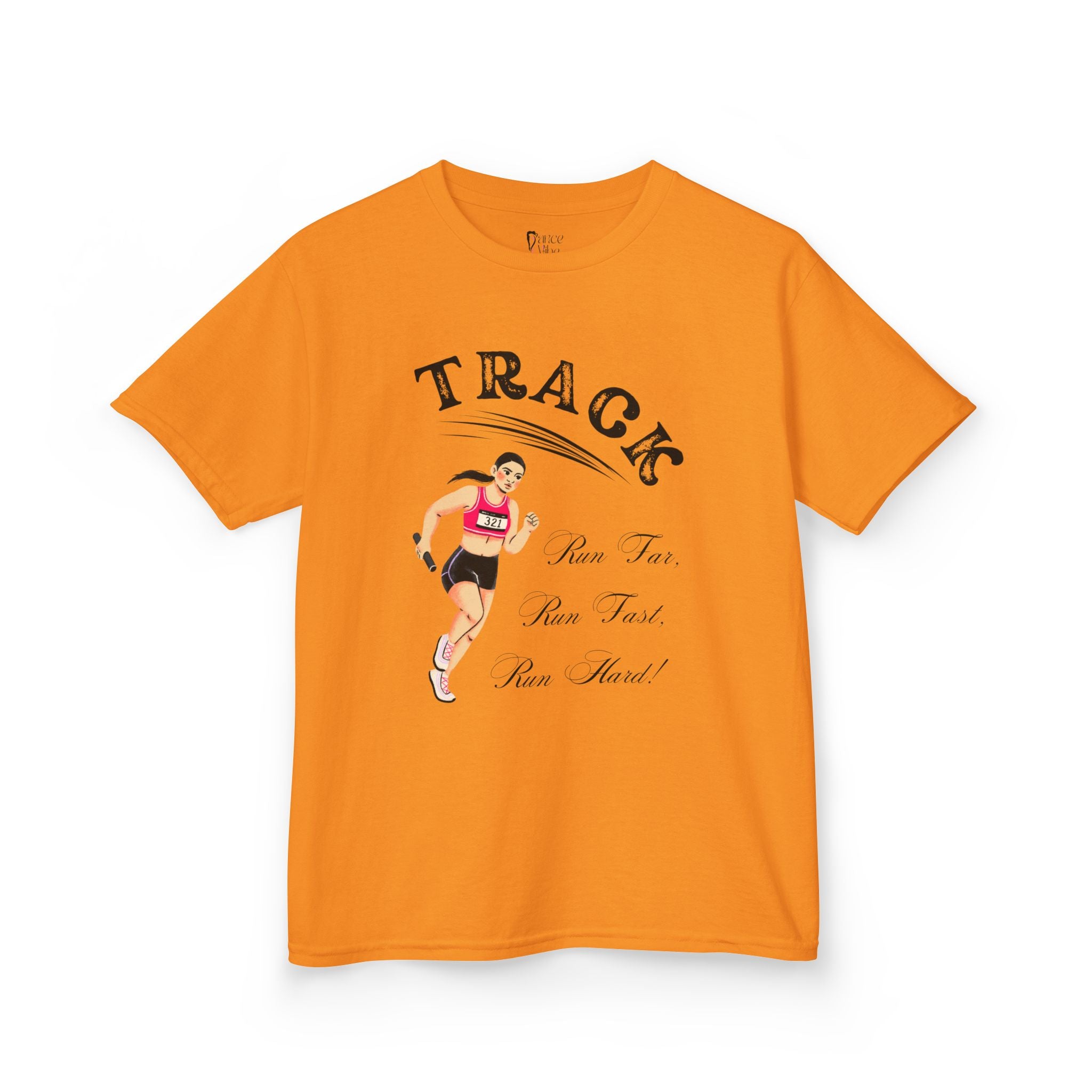 Front view of a youth Gildan 5000B heavy cotton t-shirt in tennessee orange showing a girl running Track