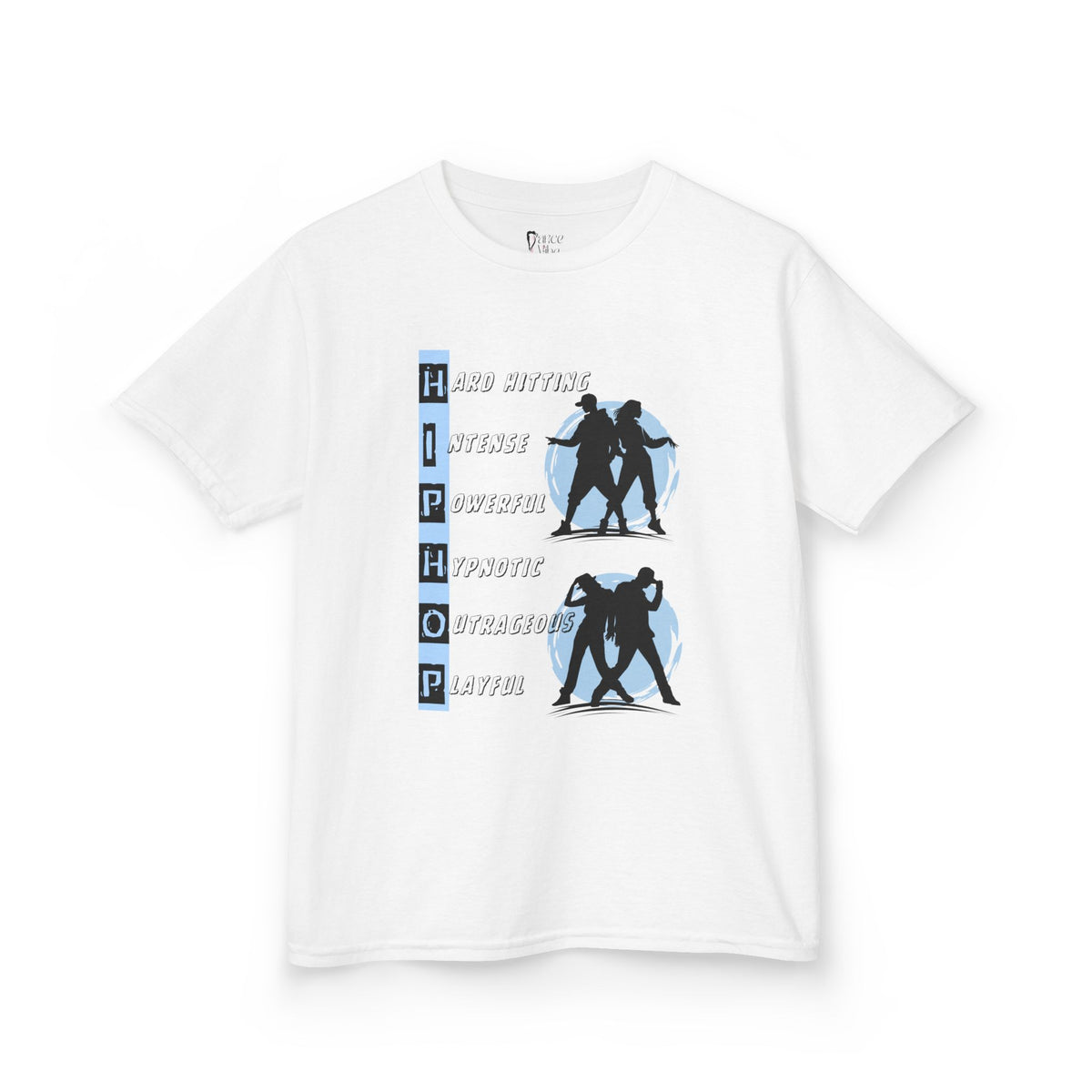 Front view of a youth Gildan 5000B heavy cotton t-shirt in white with dancing Hip Hop Couples