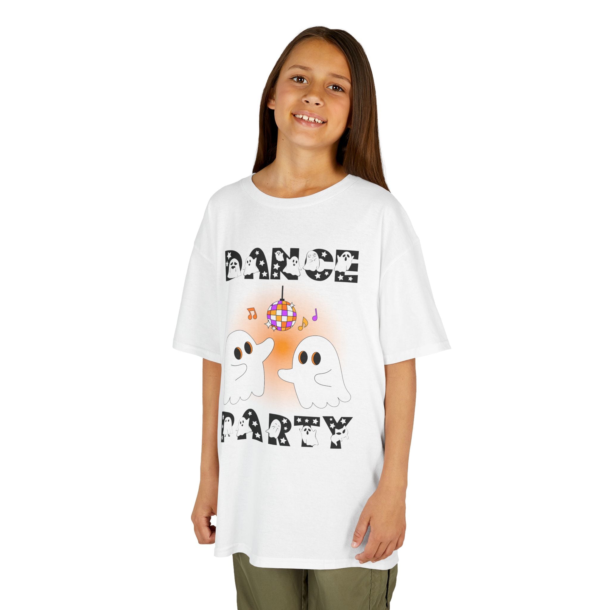 Young girl wearing a youth Gildan 5000B heavy cotton t-shirt in white with a Halloween Dance Party theme