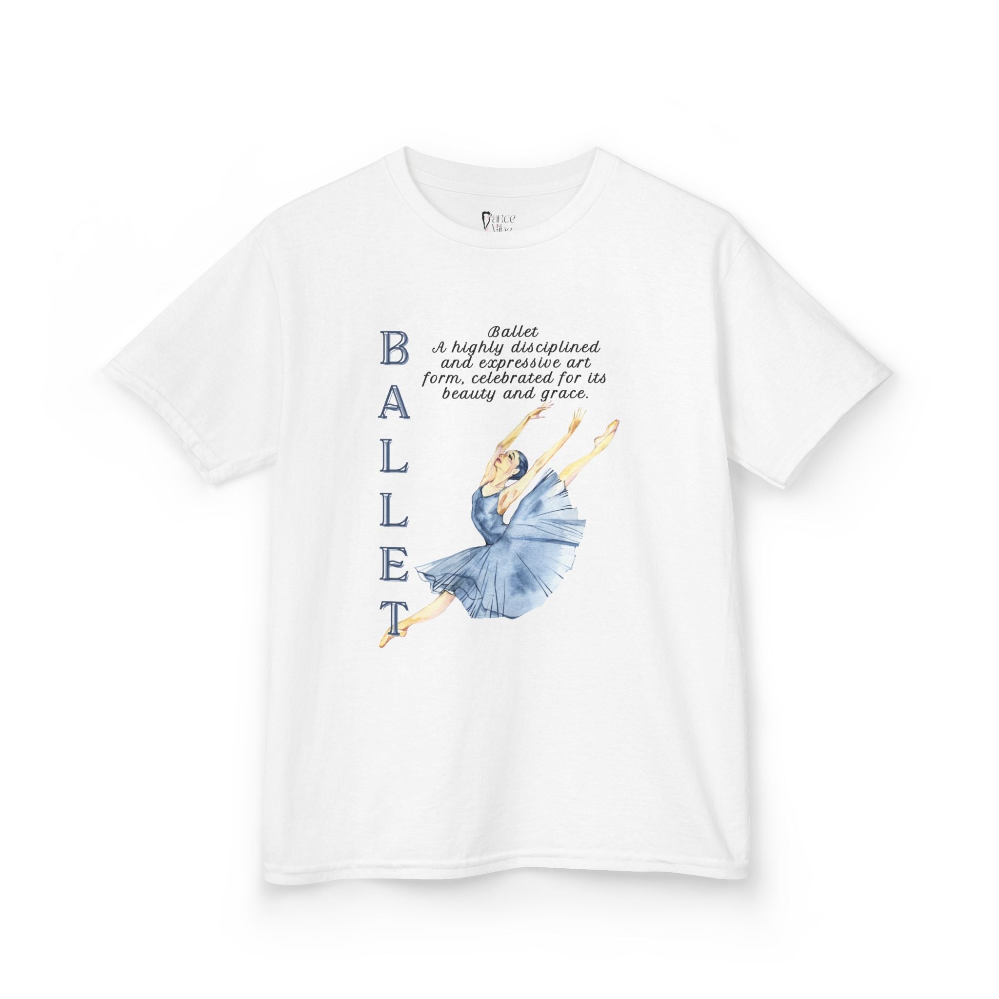 Front view of a youth Gildan 5000B heavy cotton t-shirt in white with a Ballet text and graphic