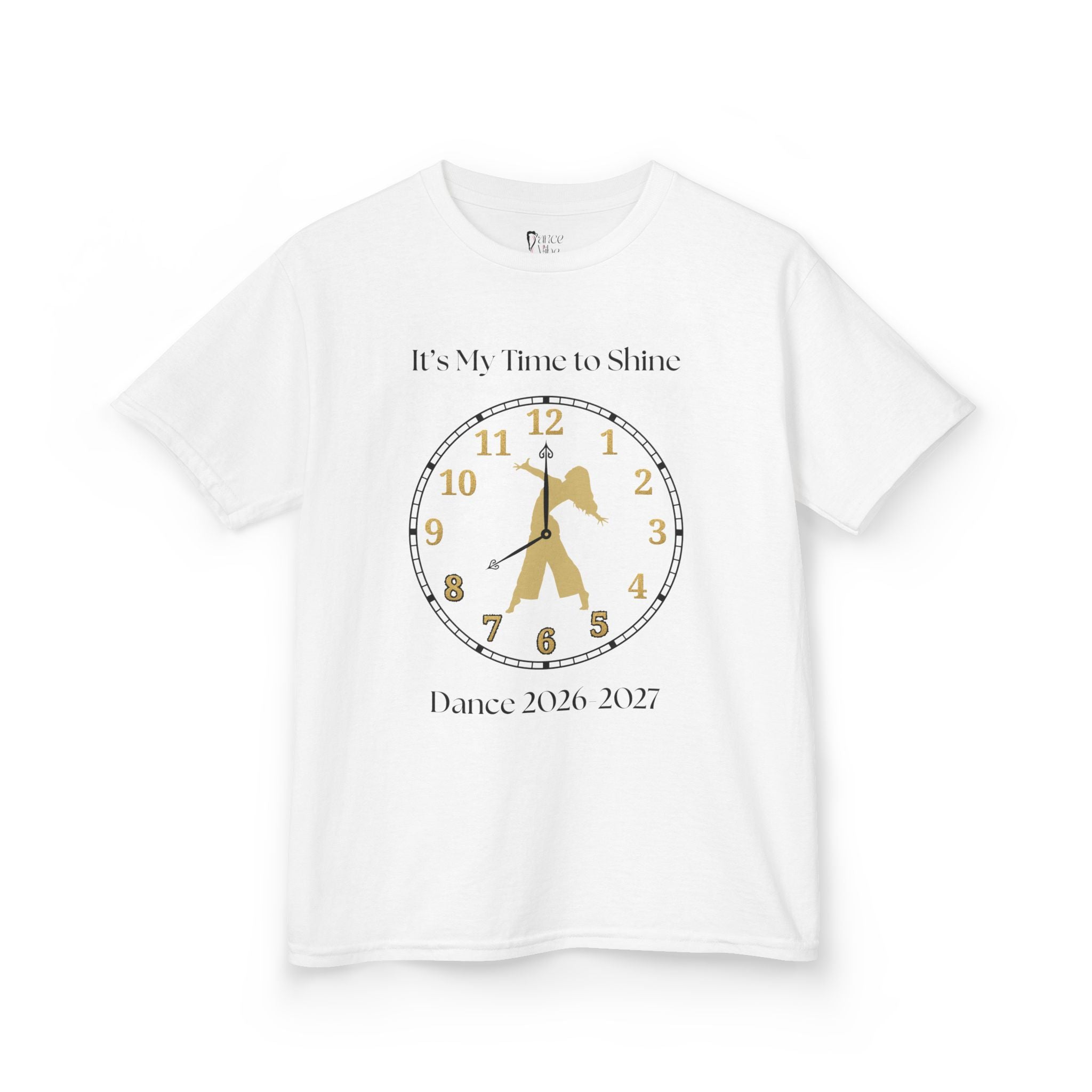 Front view of a youth Gildan 5000B heavy cotton t-shirt in white with an It's My Time to Shine Contemporary  Dance 2026-2027 theme