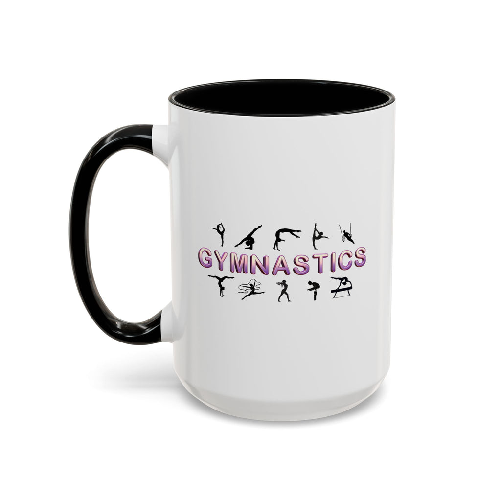 15oz white ceramic Gymnastics mug with black handle and interior Left handed view