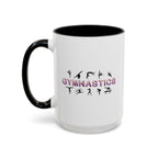 15oz white ceramic Gymnastics mug with black handle and interior Left handed view