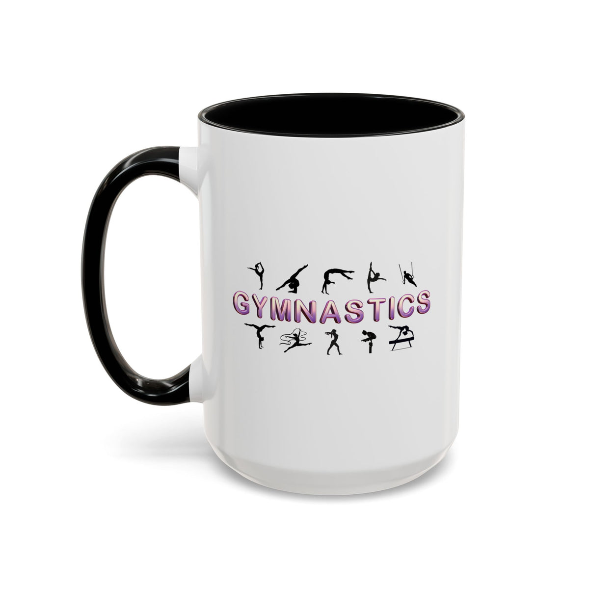 15oz white ceramic Gymnastics mug with black handle and interior Left handed view