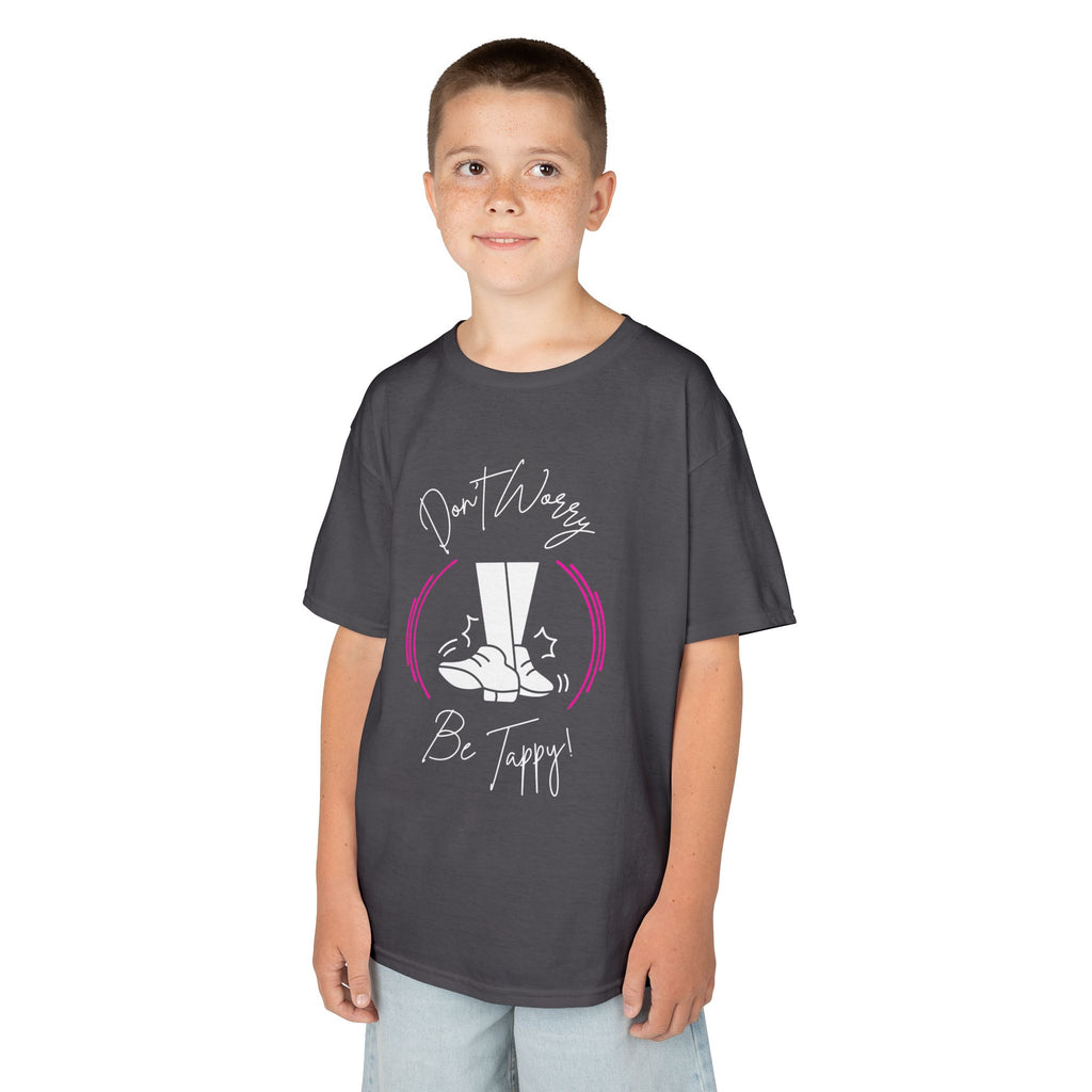Young boy wearing a youth Gildan 5000B heavy cotton t-shirt in charcoal with a Don't Worry Be Tappy Tap Shoe design