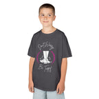 Young boy wearing a youth Gildan 5000B heavy cotton t-shirt in charcoal with a Don't Worry Be Tappy Tap Shoe design