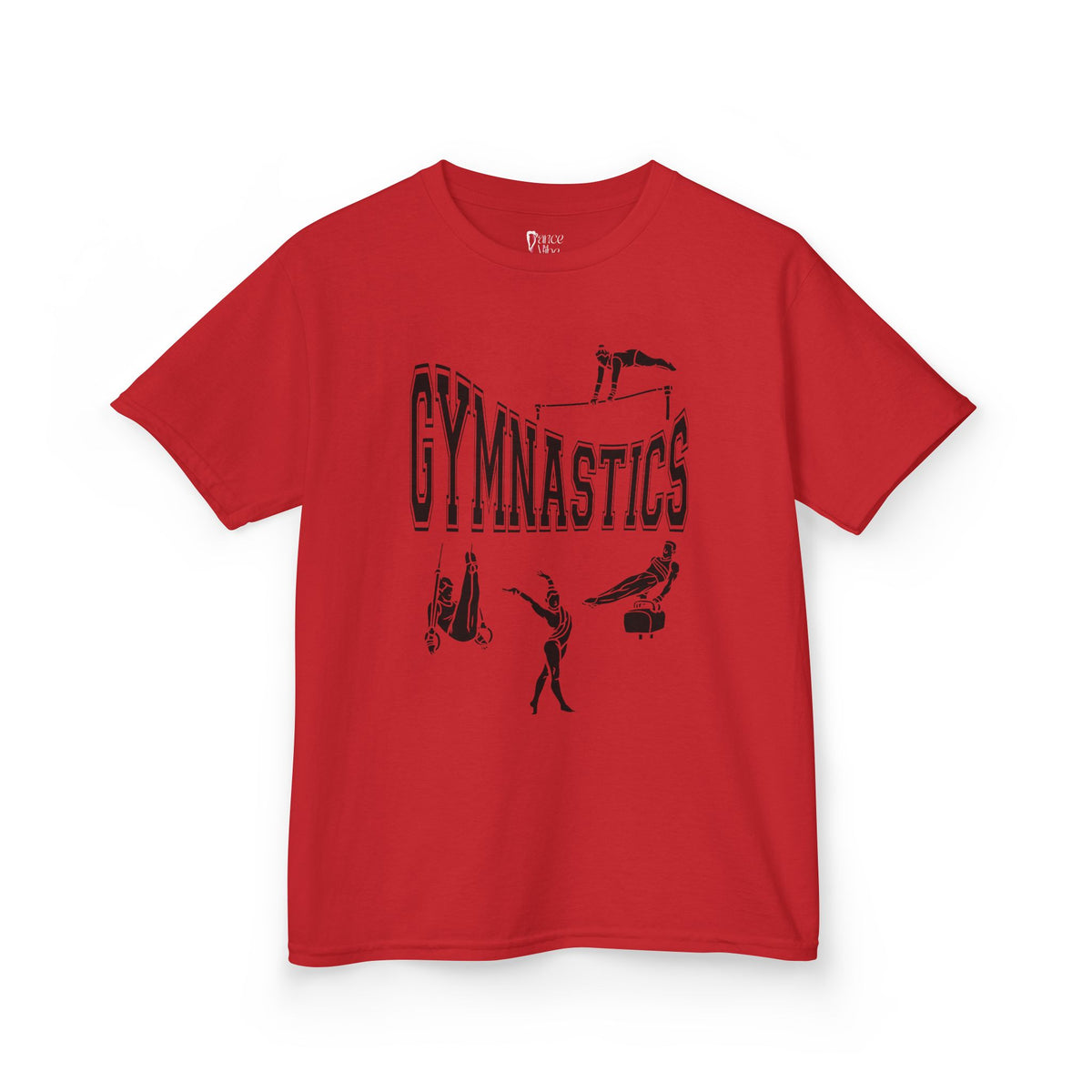 Front view of a youth Gildan 5000B heavy cotton t-shirt in red with a gymnastics text and graphic