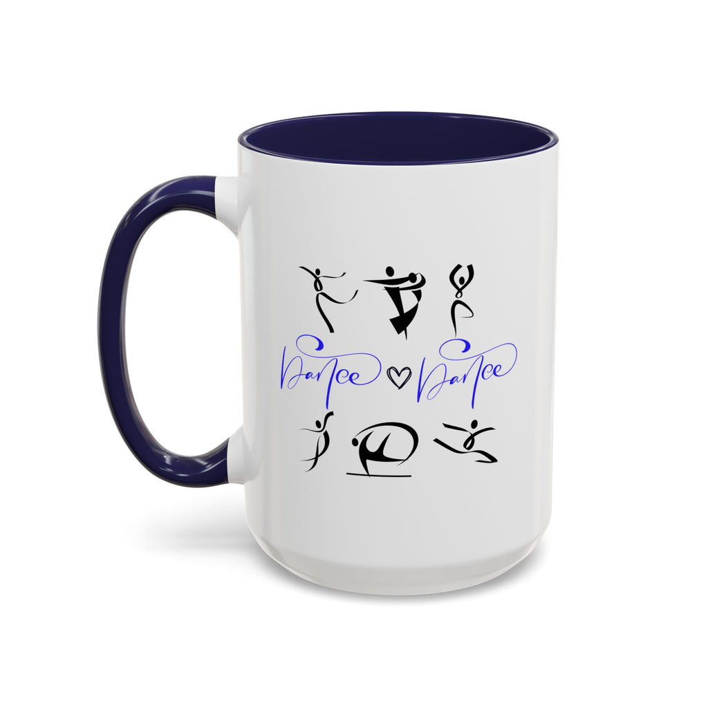 15oz white ceramic Dance Silhouette mug with navy handle and interior Left handed view
