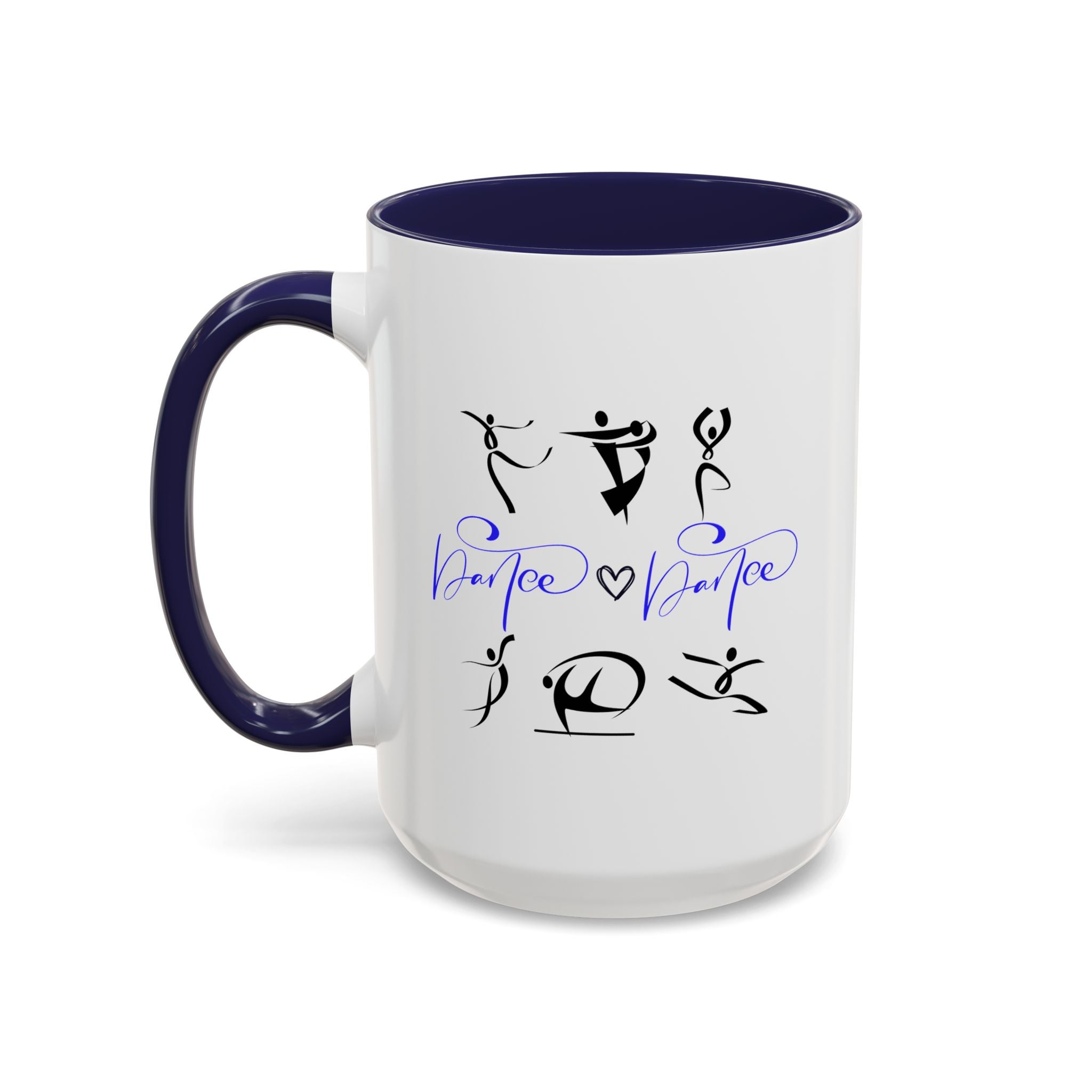 15oz white ceramic Dance Silhouette mug with navy handle and interior Left handed view