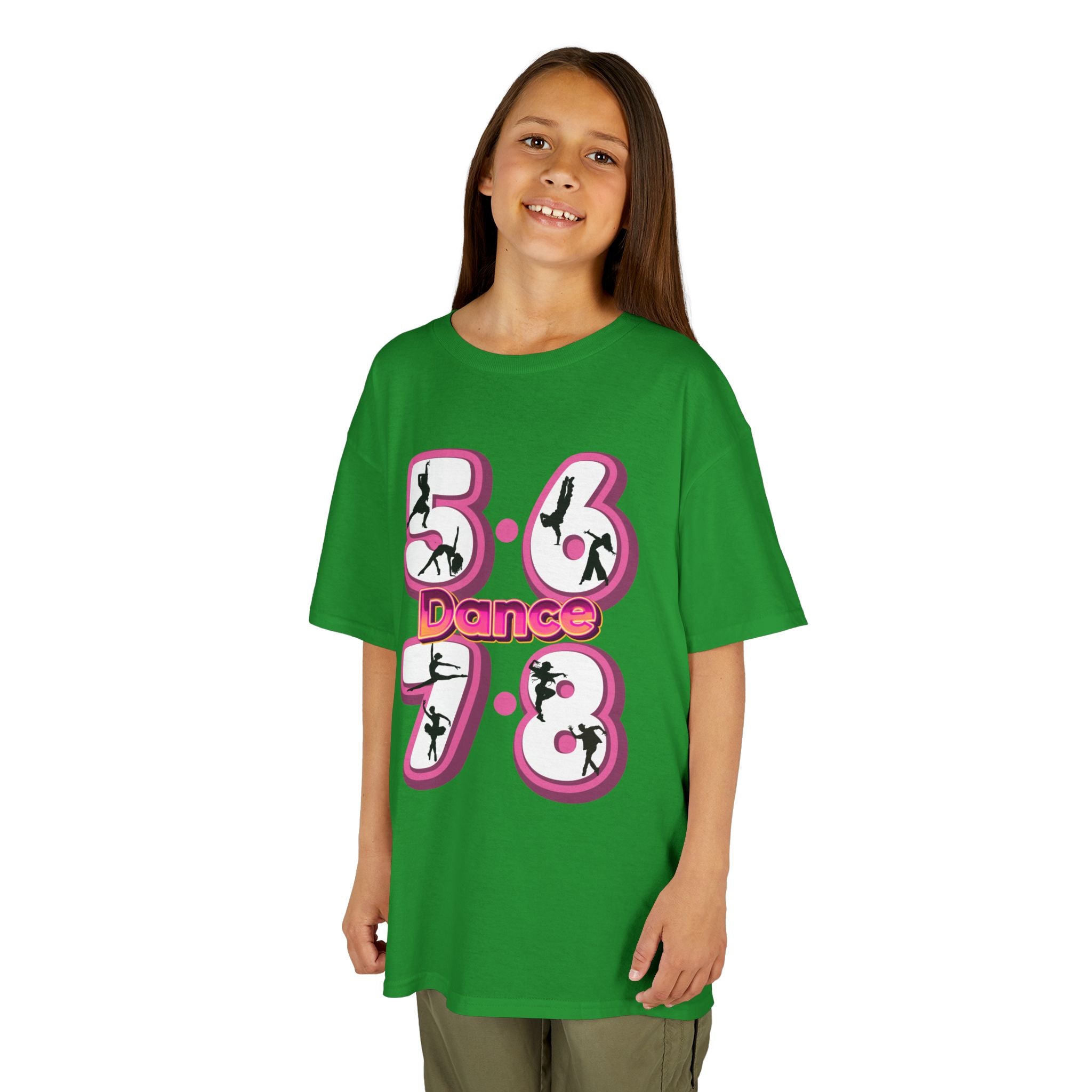 Young girl wearing a Gildan 5000B heavy cotton t-shirt in irish green with a 5678 Dance text and graphic