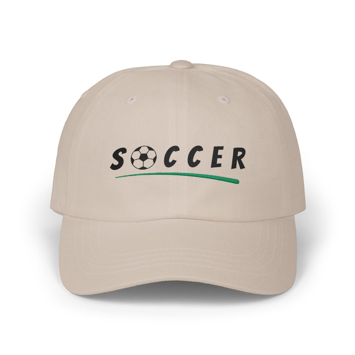 Stone embroidered classic dad cap hat with Soccer text and graphic Front view