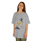 Young girl wearing a youth Gildan 5000B heavy cotton t-shirt in sport grey with a Dance Competition theme