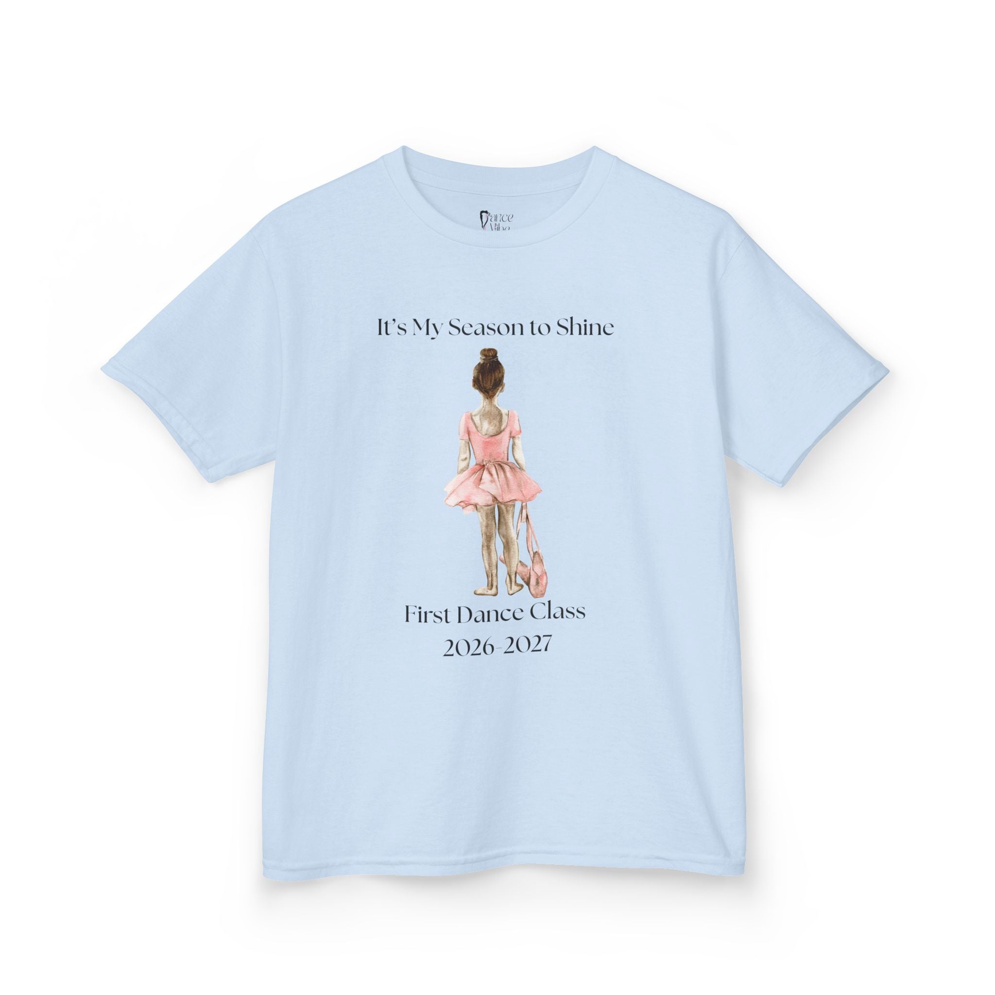 Front view of a youth Gildan 5000B heavy cotton t-shirt in light blue with a First Dance Class theme