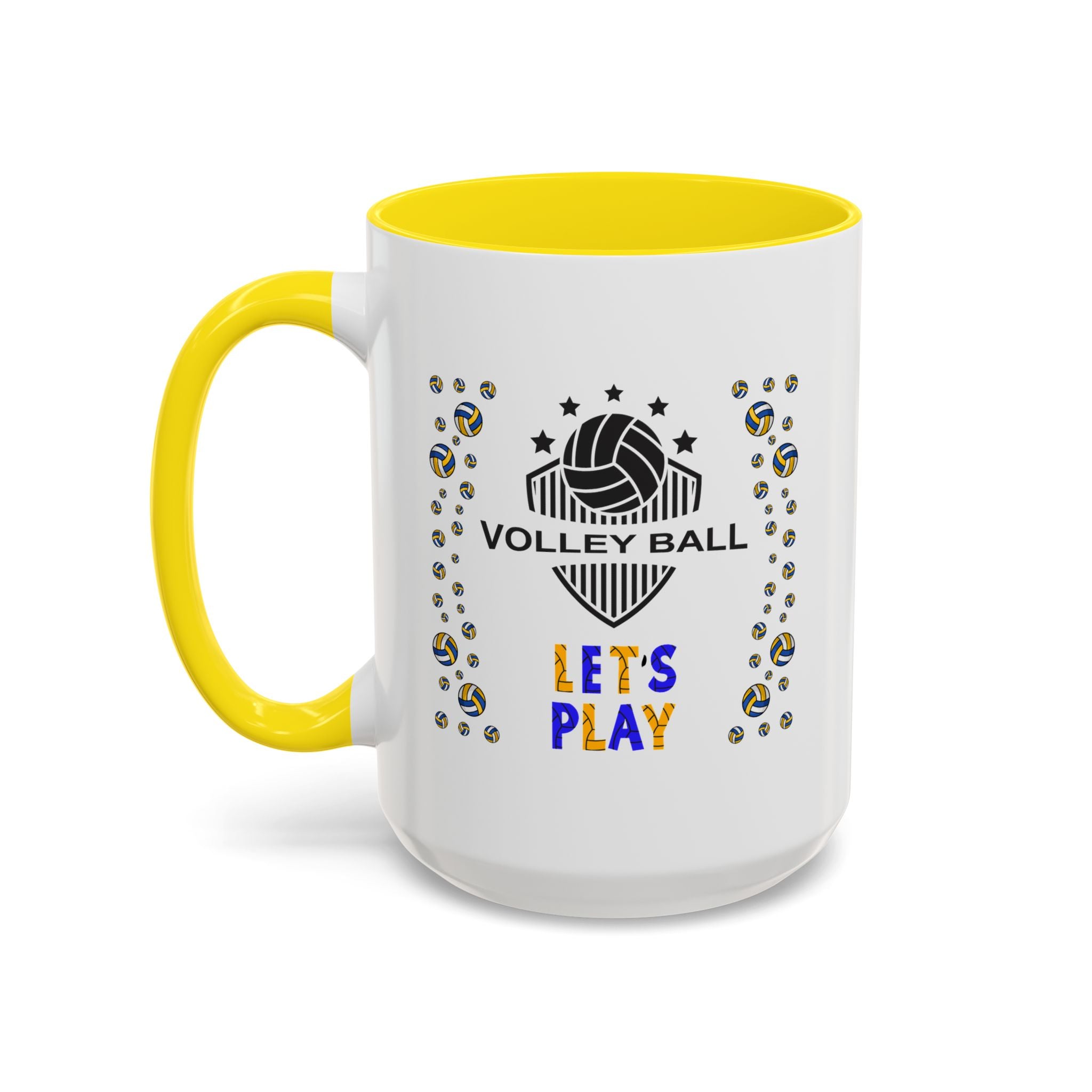 15oz white ceramic Volleyball mug with yellow handle and interior Left handed view
