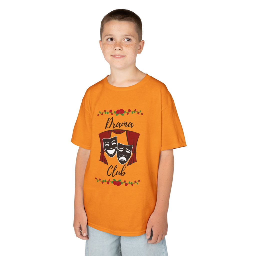 Young boy wearing a youth Gildan 5000B heavy cotton t-shirt in tennessee orange with a Drama Club text and graphic 